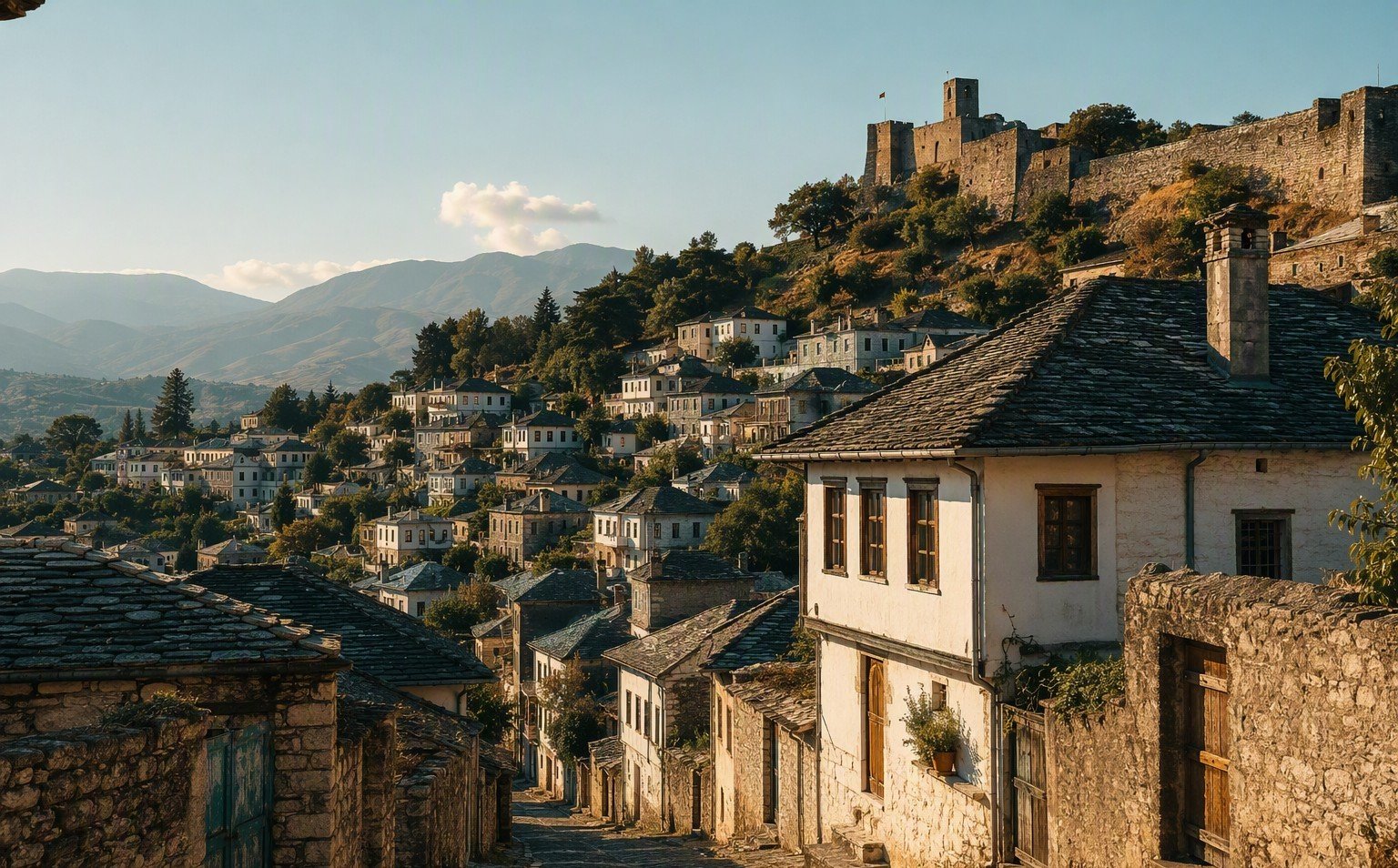 Le case ottomane di Argirocastro con i tetti in lastre di pietra e il castello