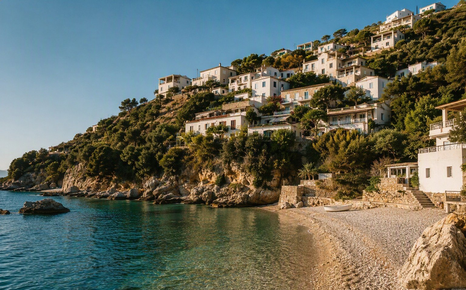 La baia di Himara con il lungomare e le montagne della Riviera albanese