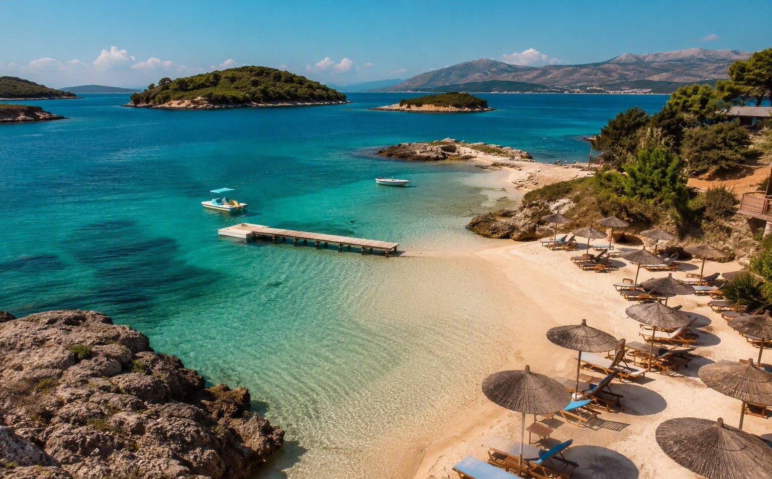 Le isolette di Ksamil con l'acqua turchese e gli stabilimenti balneari