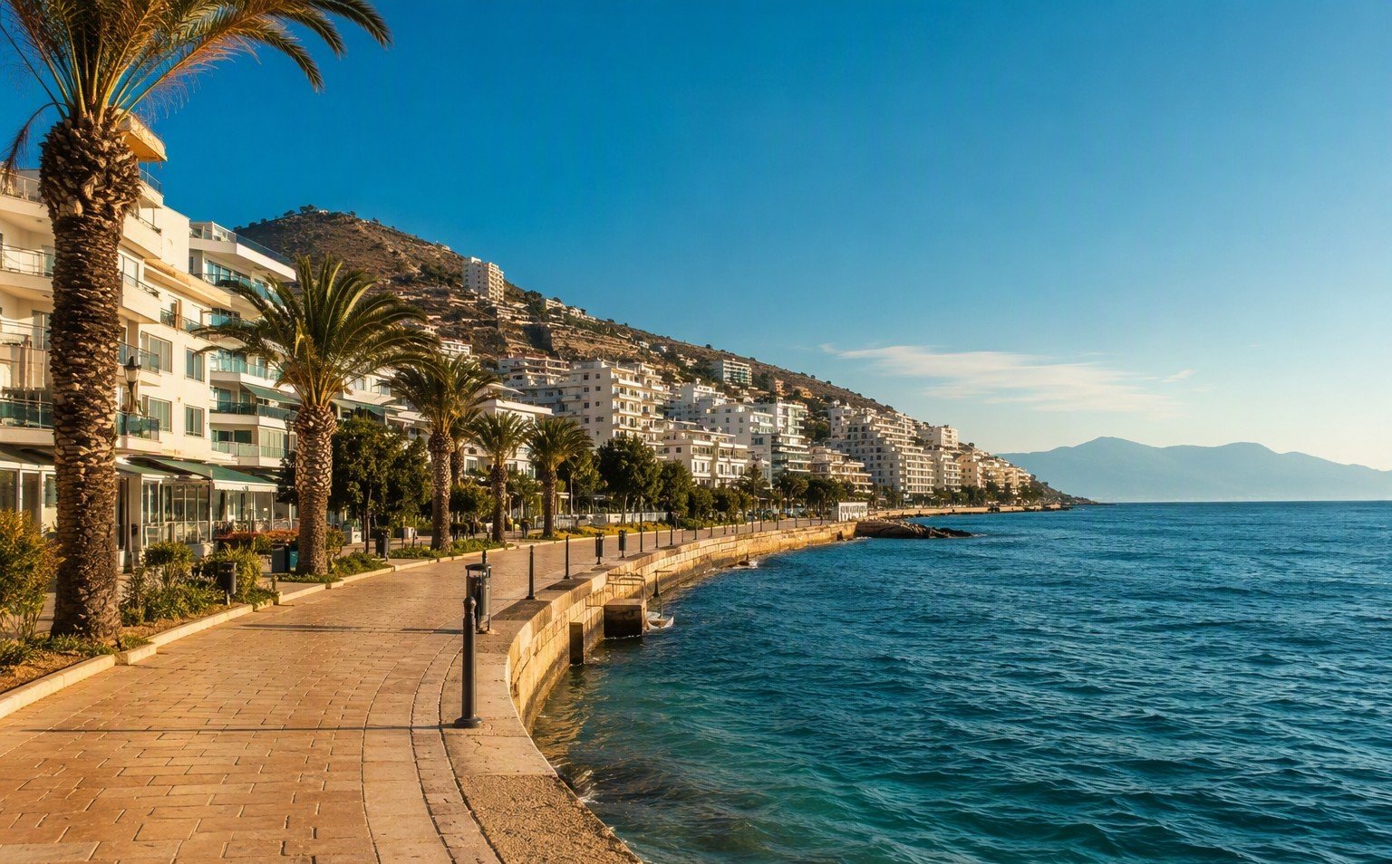 Lungomare di Saranda con palme e palazzi sul mare